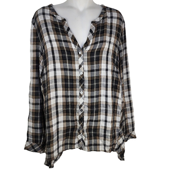 J Jill Top Womens Medium Plaid Button Front V Neck Long Sleeve Casual Black Gray - Picture 1 of 10